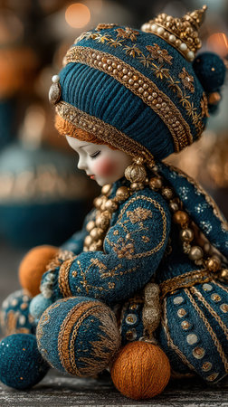 A charming doll dressed in blue and gold sits gracefully surrounded by festive decorations capturing the spirit of New Year celebrations.の素材