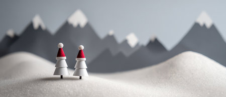 Two trees wearing Santa hats stand in a snowy landscape surrounded by majestic towering mountains. A perfect minimalist holiday setting for New Year.の素材