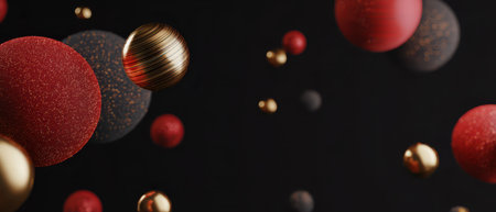 Festive spheres in vibrant red gold and black dance against a dark backdrop celebrating the joy of Christmas and the New Year.の素材