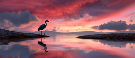 A majestic heron stands at the waters edge reflecting the vibrant colors of a sunset sky on New Years eve embracing natures beauty.の素材
