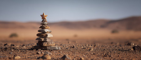 A unique tree shape crafted from stones stands in a vast desert topped with a golden star celebrating the festive spirit of New Year amidst nature.の素材
