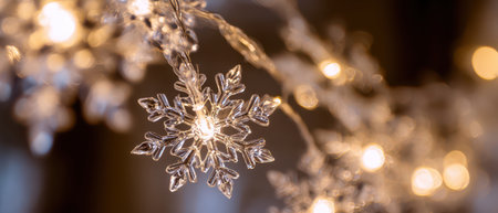 Delicate snowflake shaped lights glow softly creating a magical atmosphere for Christmas and New Year celebrations illuminating the festive season.の素材