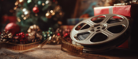 A vintage film reel rests on a rustic table beside festive gifts and holiday decorations capturing the essence of a cozy New Year gathering.の素材