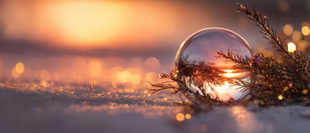 A delicate glass sphere captures a stunning sunset reflecting golden hues and winter scenery framed by evergreen branches.の素材