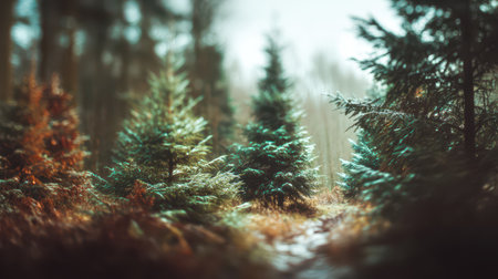 Winter enchantment fills the forest as vibrant greens mingle with soft browns creating a peaceful celebration of the New Year amidst nature.の素材