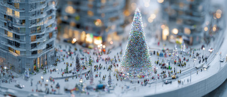 A bustling city plaza shines with colorful lights as people gather around a grand holiday tree celebrating the arrival of a new year.の素材