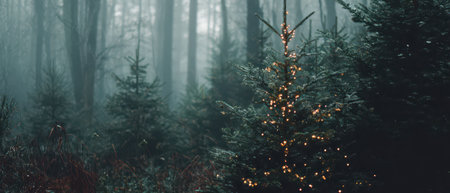 Soft fog envelops a serene forest as a beautifully lit Christmas tree stands amidst tall evergreens creating a magical holiday atmosphere.の素材