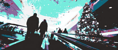 Travelers ascend an escalator amidst vibrant pop art hues surrounded by a stylized Christmas tree marking a captivating New Year atmosphere.の素材