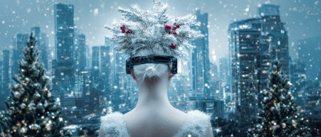 A figure stands amidst a snowy advanced city adorned with festive decorations.の素材