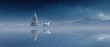 A serene winter scene features a majestic white horse standing beside a snow covered tree.の素材