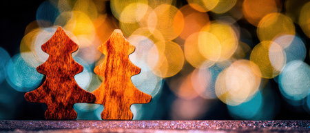 Two smooth wooden Christmas trees stand together glowing against a vibrant bokeh backdrop capturing the essence of holiday cheer.の素材
