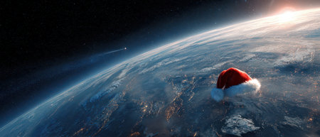 A festive red Santa hat rests on Earth surrounded by stars and shimmering lights of cities celebrating New Year from the cosmos.の素材