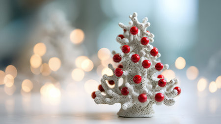 A beautiful coral themed tree with bright red ornaments and shimmering lights sets a cozy festive mood for New Year celebrations.の素材