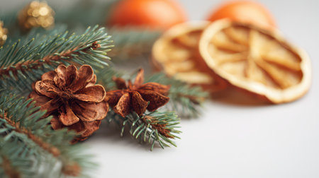 Natural elements like pine cones and dried oranges add charm to New Year celebrations bringing warmth and beauty to the festive atmosphere.の素材