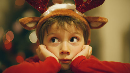 A young boy wearing a reindeer hat gazes in wonder as festive decorations fill the room with joy. Holiday spirit is palpable around him.の素材