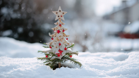 A charming holiday tree stands proudly amid fresh snow adorned with festive decorations. Soft snowflakes gently fall around this winter wonderland.の素材