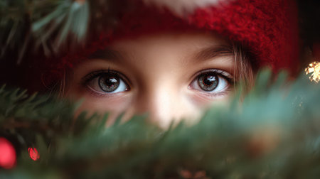 A young girl with sparkling eyes looks through holiday tree branches filled with joy and excitement capturing the seasons magic.の素材