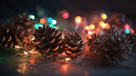 Pine cones rest elegantly with twinkling lights for a festive New Year ambiance casting a warm and inviting glow in the dim setting.の素材