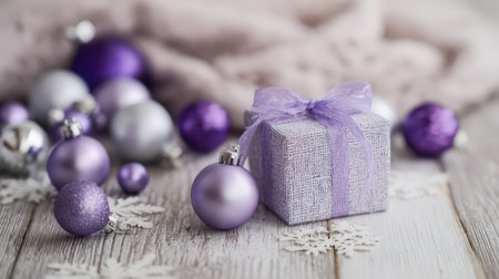 Beautiful purple ornaments and a wrapped gift create a cheerful scene for New Year festivities.の素材