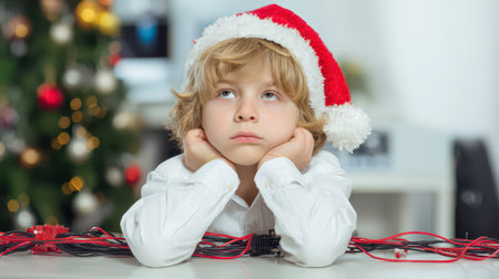 A young child in a festive Santa hat sits at a table looking thoughtful and bored as colorful wires surround him.の素材