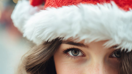 A close up of sparkling eyes peeking from beneath a cozy red hat with white fur capturing the magic of the holiday season.の素材