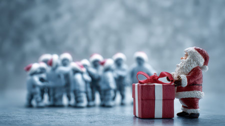A small Santa Claus figurine stands beside a beautifully wrapped gift symbolizing the spirit of giving during festive New Year celebrations.の素材