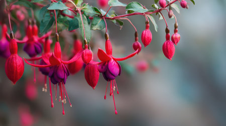 Fuchsia flowers hang gracefully from their branches showcasing vivid colors against a soft winter backdrop creating a serene holiday vibe.の素材