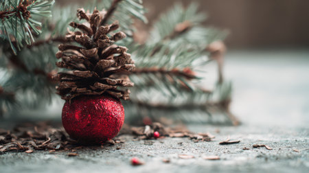 A vibrant red ornament sits atop a rustic pinecone surrounded by pine branches and festive shavings creating a cozy holiday atmosphere.の素材