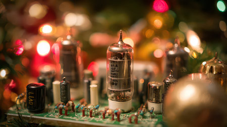 A festive display of vintage electronic components shines brightly among colorful Christmas lights capturing the spirit of the holiday season.の素材