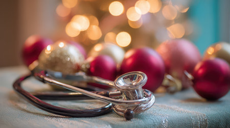 A stethoscope rests on a soft surface surrounded by shimmering holiday ornaments and festive lights capturing the spirit of joy and care.の素材