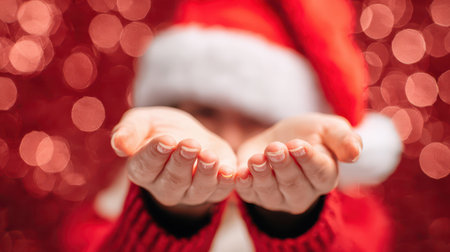 Hands held out with joy wearing a festive Santa hat surrounded by sparkling holiday lights during a cheerful New Years gathering.の素材