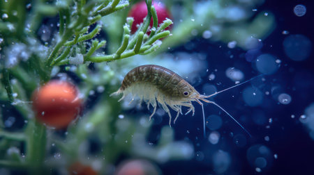 A tiny krill glides gracefully through a scene filled with delicate ornaments and shimmering lights capturing the magic of the holiday season.の素材