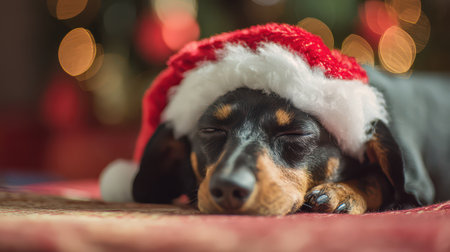 A playful dog sleeps peacefully on a soft blanket while wearing a cheerful holiday hat surrounded by warm lights and a festive atmosphere.の素材