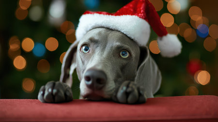 A joyful dog wearing a Santa hat gazes eagerly during New Year festivities surrounded by colorful holiday lights and decorations.の素材