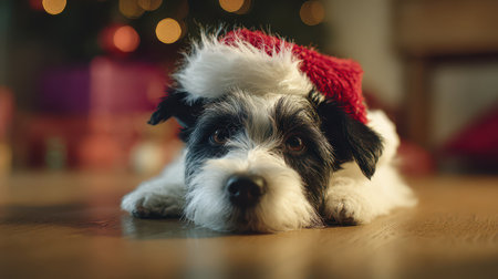 A playful dog wears a red and white Santa hat lounging on a warm wooden floor surrounded by Christmas decorations and colorful gifts.の素材
