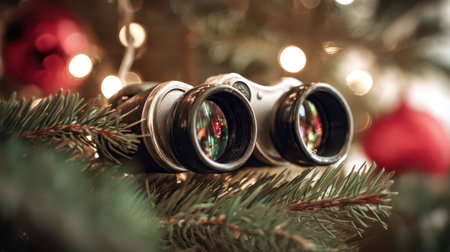 Brightly colored binoculars sit nestled in pine branches adorned with sparkling lights and ornaments capturing a cheerful New Year atmosphere.の素材