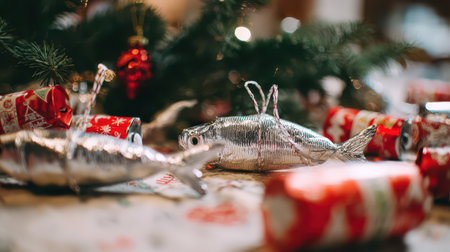Brightly colored fish ornaments glimmer among wrapped gifts and greenery creating a joyful atmosphere for New Year festivities in a cozy setting.の素材