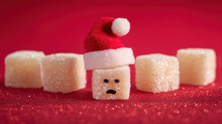 Festive sugar cubes wear tiny Santa hats bringing joy and laughter to the holiday season against a bright red backdrop filled with sparkle.の素材