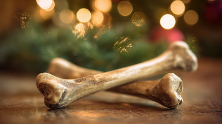 Two bones rest on a rustic wooden surface surrounded by blurred twinkling lights and greenery capturing the warmth of New Year celebrations.の素材
