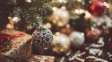 Glimmering ornaments hang from the lush tree while colorful presents await discovery during the joyous New Year celebration.の素材