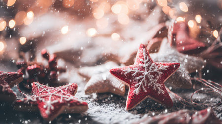 Colorful star shaped ornaments covered in snow sparkle amidst warm festive lights creating a cozy atmosphere perfect for welcoming the New Year.の素材