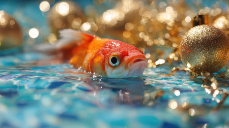 A vibrant goldfish glides through clear water surrounded by shimmering gold ornaments and bright decorations evoking a lively New Year spirit.の素材