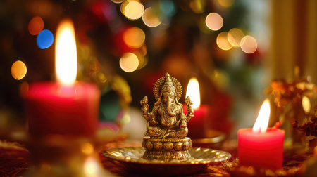 Candles light up a stunning Lord Ganesha statue symbolizing prosperity amid festive New Year decor.の素材