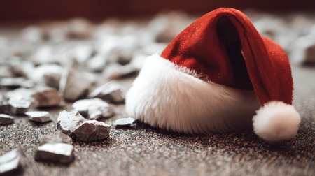 A cozy red holiday hat rests on gray stones capturing the festive warmth and calm of New Years celebrations.の素材