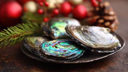 A beautiful display of shimmering shells sits on a rustic plate surrounded by holiday decorations evoking the spirit of New Year celebrations.の素材