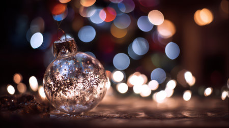 A delicate ornament rests on a table shimmering in the warm glow of colorful holiday lights capturing the joy of New Year celebrations.の素材