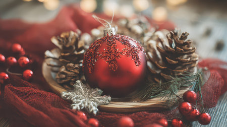 Vibrant red ornament sits on a wooden plate surrounded by pine cones and festive greenery celebrating the joyful atmosphere of the New Year.の素材