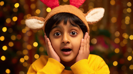 A young child with wide eyes and a joyful expression wearing a reindeer hat enjoys the magical atmosphere of New Year celebrations.の素材
