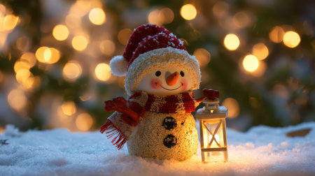 A joyful snowman wearing a red hat and scarf holds a lantern surrounded by gentle snowfall and twinkling lights celebrating New Year.の素材