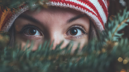 Bright eyes peek through lush evergreen branches capturing the joyful essence of the holiday season as the New Year approaches.の素材